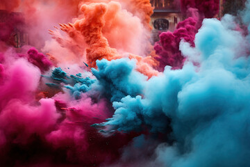 A cloud of colorful powder erupts, celebrating the Holi festival with a burst of pink, orange, and blue hues. Spring and love festival.