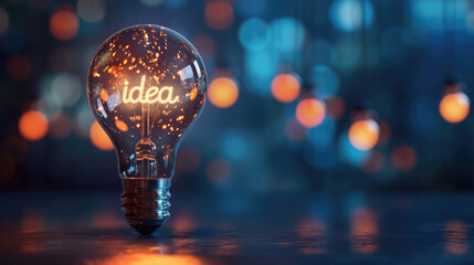 Light bulb with glowing Idea text on blurred bokeh background with free place. Education, solution, business, thought, brainstorming concept