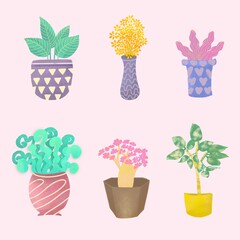 flower in pots stand on the shelves. Decorative plants set isolate on white background. Vector illustrations set. flower on wooden shelf, natural tropical cactus in pot