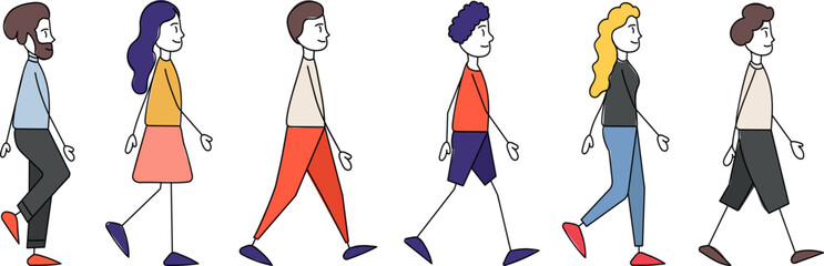 men and women walking, simple figures on a white background, vector