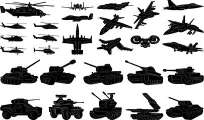 battle tanks and planes set of silhouettes, vector