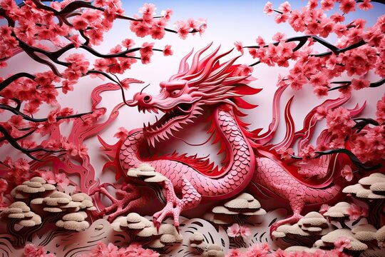 Fantasy Dragon Art - Red Dragon with Pink Flowers