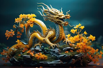 Fototapeta premium Fantastical Dragon Statue with Yellow Flowers