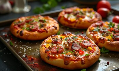mini own pizza with different toppings on top - obrazy, fototapety, plakaty