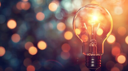 Glowing light bulb on blurred bokeh background with free place for text. Education, idea, thought, brainstorming concept