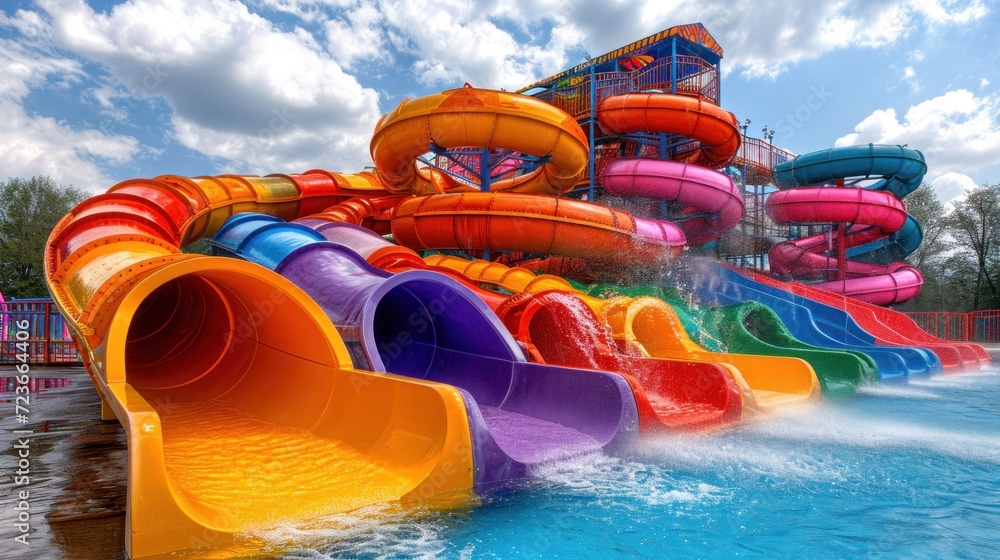 Poster a water slide with many different colored slides in a pool, ai