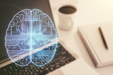 Double exposure of creative human brain microcircuit with computer on background. Future technology...