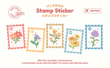 Cute flower stamp sticker illustrations collection. Different postal labels for envelopes and postcards. Colorful flat vector illustration isolated.