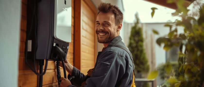 Electrician man smiling and installing a home charging.