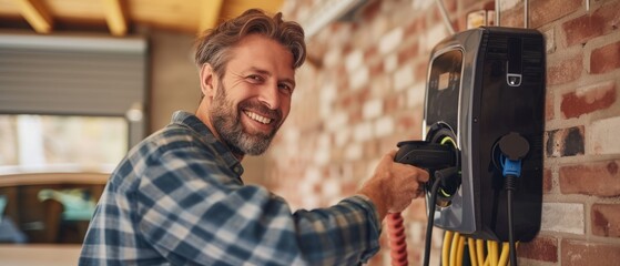 Electrician man smiling and installing a home charging. - obrazy, fototapety, plakaty