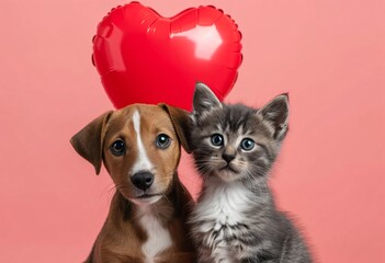 Fototapeta na wymiar Feline and Canine Heartthrobs: A Valentine's Day Celebration Generative AI