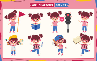 Cartoon Girl Doing Various Activities