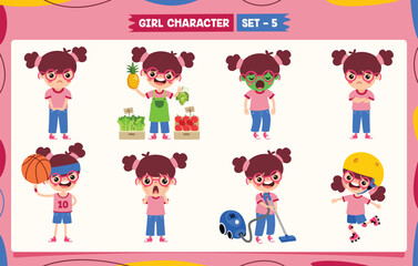 Cartoon Girl Doing Various Activities