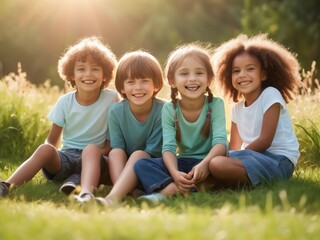 Fototapeta premium Group of happy children sitting on grass and looking at camera in park. International Day of Happiness. 