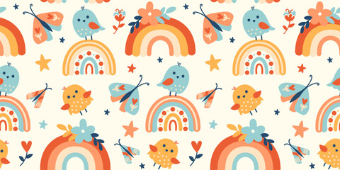 Naive nursery wallpaper. Little birds, cheerful rainbow, butterflies and summer flowers. Flat style hand drawn vector. Doodle baby shower or kids party background. All over bedroom or playroom design.