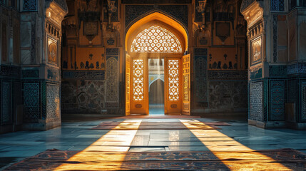 Sunlight casts shadows on the interior of the mosque with its ornate architecture - obrazy, fototapety, plakaty