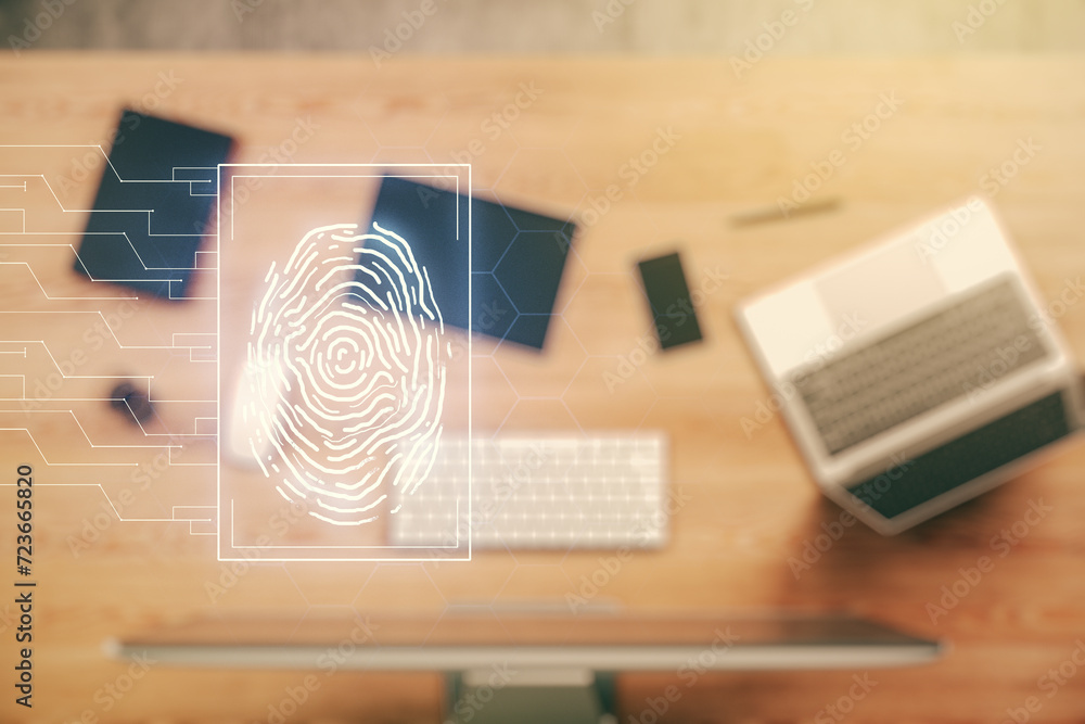 Aufkleber Multi exposure of abstract graphic fingerprint sketch on modern computer background, fingerprint scan data concept