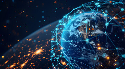Illustration of global network connections and communication technology for internet business and telecommunication, featuring earth connector, earth map, and a 3D globe with an electronic network.
