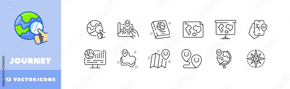 Poster Journey icon set. Linear style. Vector icons