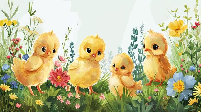 Chicks in a Floral Watercolor Garden. Quartet of chicks surrounded by watercolor garden flowers.