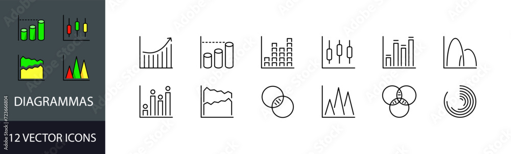 Poster diagrammas icon set. charts set. linear style. vector icons