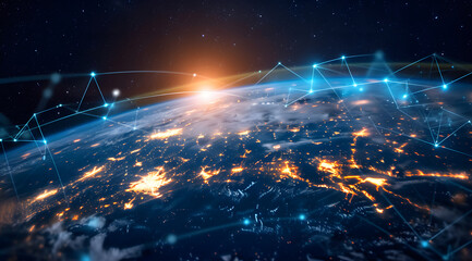 Illustration of global network connections and communication technology for internet business and telecommunication, featuring earth connector, earth map, and a 3D globe with an electronic network. - obrazy, fototapety, plakaty