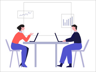 Two smart multiethnic business people working together with laptop while talking about job news in the office.