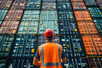 A dedicated worker at a bustling container terminal, immersed in the intricate world of transport logistics for seamless import and export operations, showcasing the efficiency of global commerce - obrazy, fototapety, plakaty