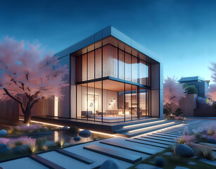 Modern house in Japan with cherry blossoms, new inspiring concept.