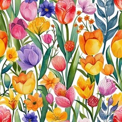 Obraz premium Bright Watercolor Floral Seamless Background. A seamless pattern of bright watercolor flowers and leaves on a white background.