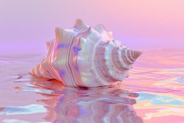 conch shell in iridescent chromatic liquid, on pastel background