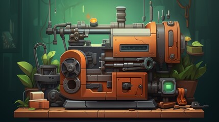 Fototapeta premium vintage industrial machine with green plants and a lot of tools. Digital concept, illustration painting.