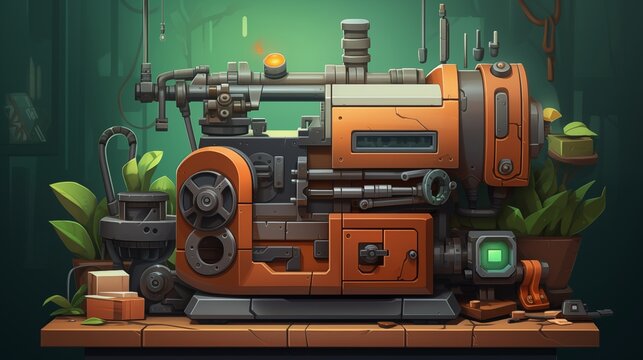 vintage industrial machine with green plants and a lot of tools. Digital concept, illustration painting.