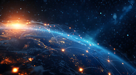 Illustration of global network connections and communication technology for internet business and telecommunication, featuring earth connector, earth map, and a 3D globe with an electronic network.
