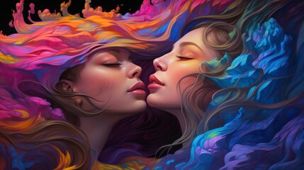 two girls kissing over colorful liquids. Digital concept, illustration painting. - obrazy, fototapety, plakaty