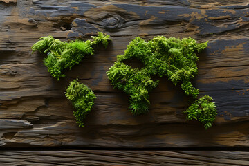 The earth day concept - world map made of moss, rustic wood background, top view