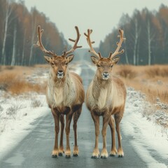 Naklejka na ściany i meble Two Reindeer Standing On Road Nature On White Background, Illustrations Images