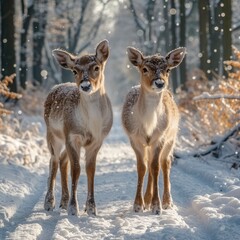 Obraz premium Two Reindeer Standing On Road Nature On White Background, Illustrations Images