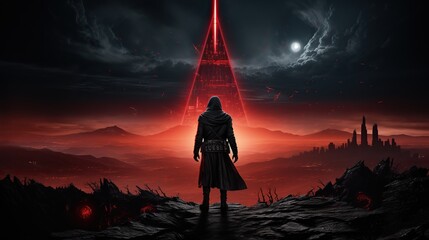 The silhouette of an assassin standing on the edge of a cliff looking at the red glow over the night city. Digital concept, illustration painting.