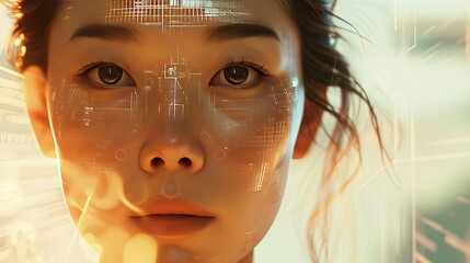 A striking portrait of a woman enhanced with a digital interface overlay, symbolizing the fusion of humanity with technology.