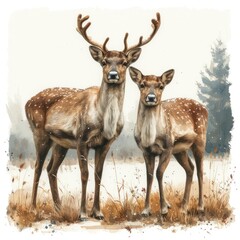 Naklejka na ściany i meble Two Reindeer Standing On Road Nature On White Background, Illustrations Images