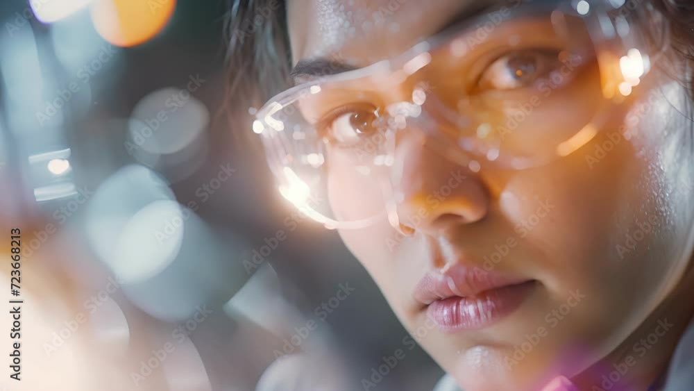 Poster a closeup of a scientists face, their expression focused and determined as they analyze data from th