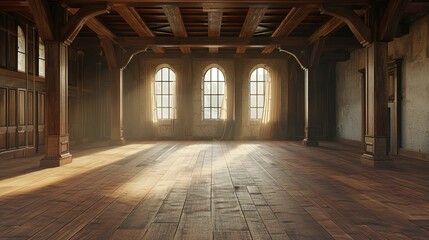 Golden sunlight bathes a classic wooden hall with large windows, creating a warm, inviting atmosphere.
