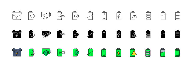 Battery icon collection. Electricity set. Linear, silhouette and flat style. Vector icons