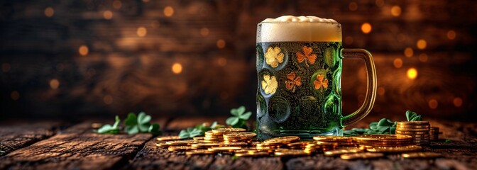 Obraz premium St. Patrick's Day Celebration: A Glass of Beer with Gold Coins and Clover Leaves Generative AI