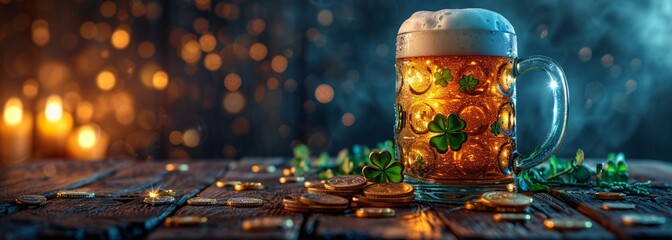 Fototapeta premium St. Patrick's Day Beer Glow: A Shamrock-Filled Glass with Gold Coins and Leaves Generative AI