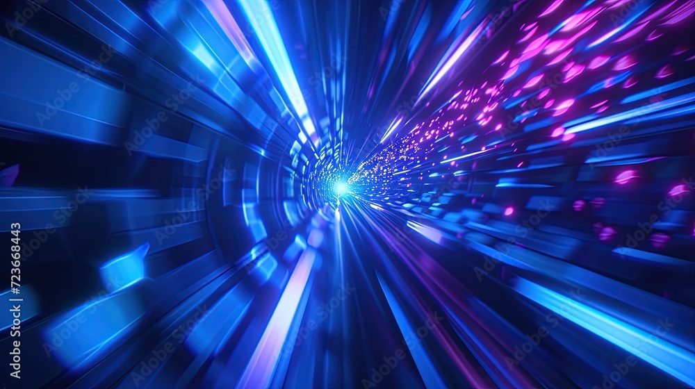 Poster an abstract image capturing the high-speed movement through a futuristic tunnel, illuminated by stre