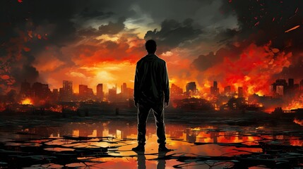 Fototapeta premium The silhouette of a man looking at a burning city. Digital concept, illustration painting.