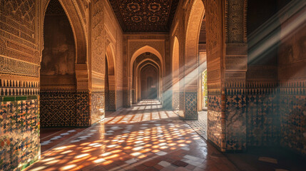 Obraz premium Sunlight casts shadows on the interior of the mosque with its ornate architecture