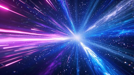 A vibrant digital depiction of space travel at warp speed with bright blue and purple stars streaming past.